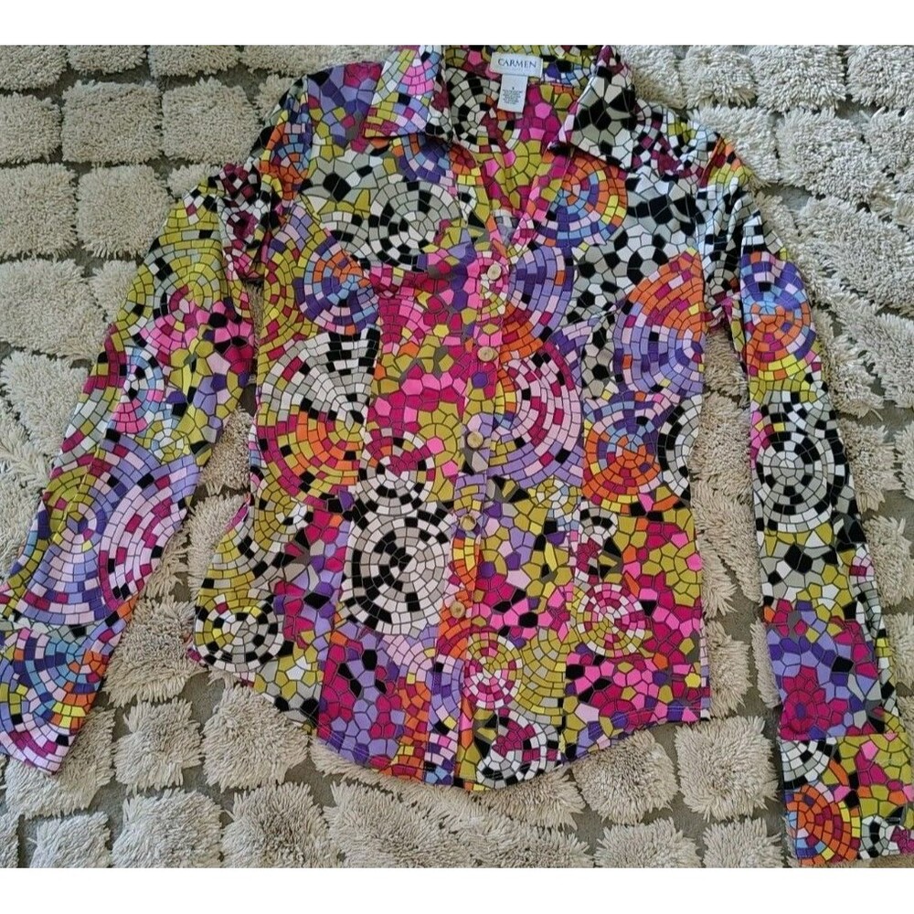 Carmen Marc Valvo Blouse Size S Stained Glass Pattern  French Cuff Metal Buttons - Picture 4 of 8